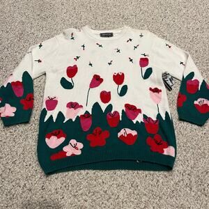 NWT Terrazo Tulip Embroidered Sweater Sz M Spring White Pink Casual Deadstock